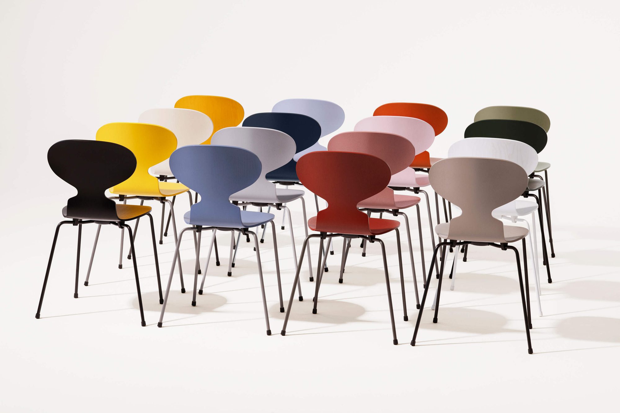 Cadeiras Ant de Arne Jacobsen em várias cores, em estúdio