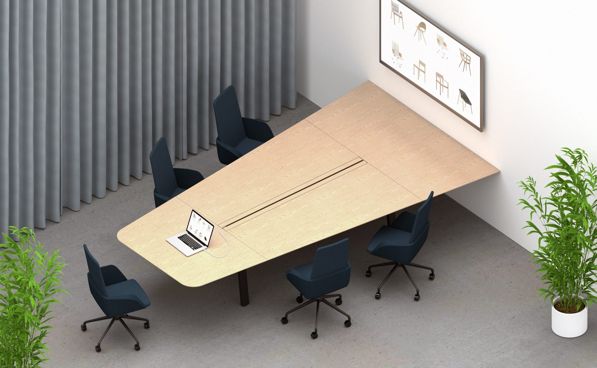 Mesa In-tensive Visio com tampo em V numa sala de videoconferência