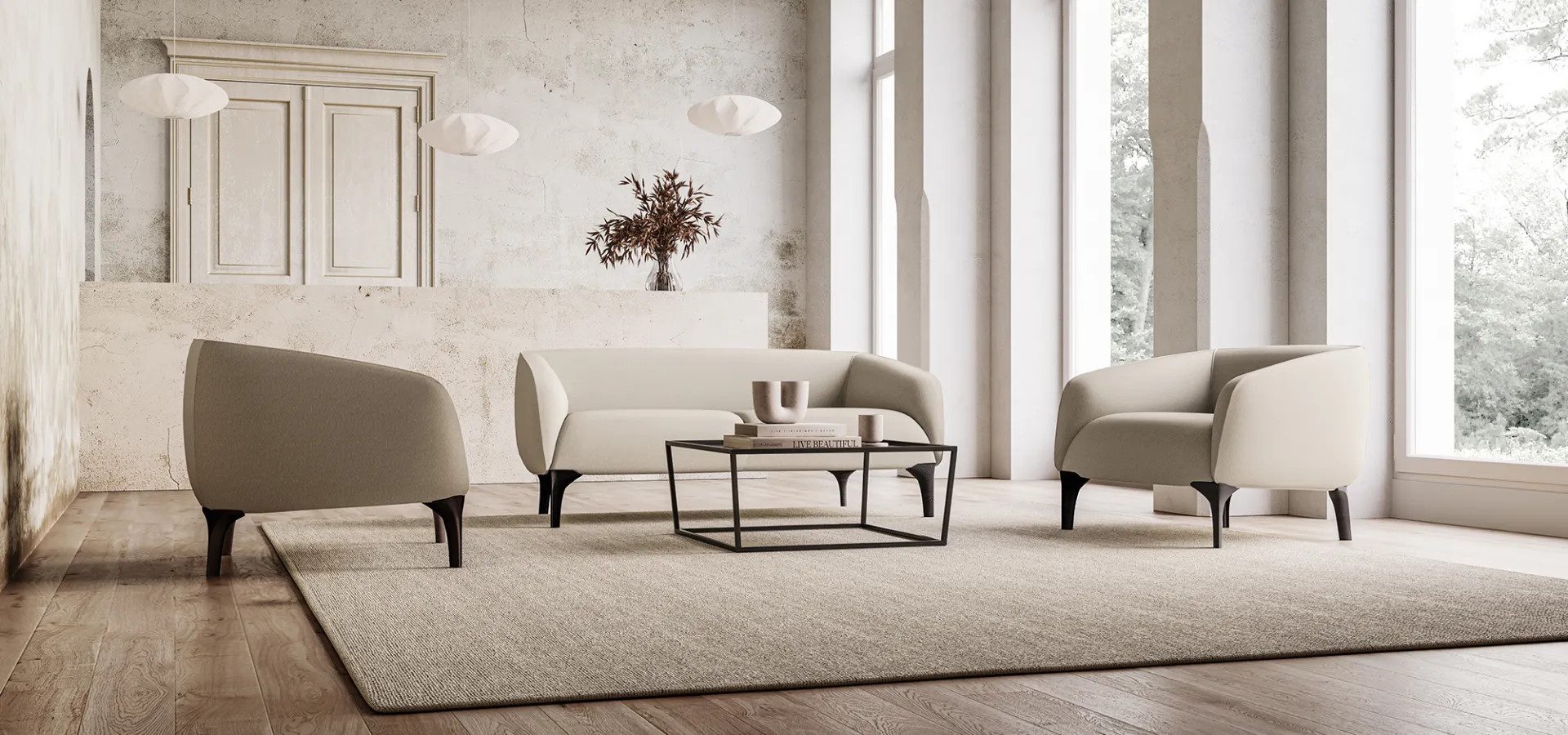 Sala com sofá e poltronas Nami em tons claros